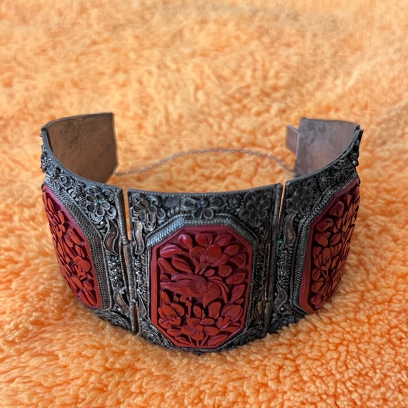 Wide Antique Chinese Export Cinnabar and Silver Filigree Bracelet - Picture 3 of 12